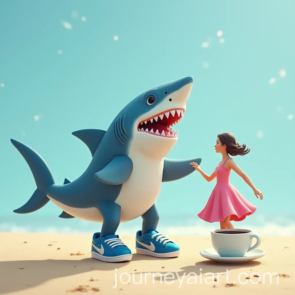 Shark-with-Blue-Shoes-and-Dancing-Human-on-Beach-with-Coffee-Cup