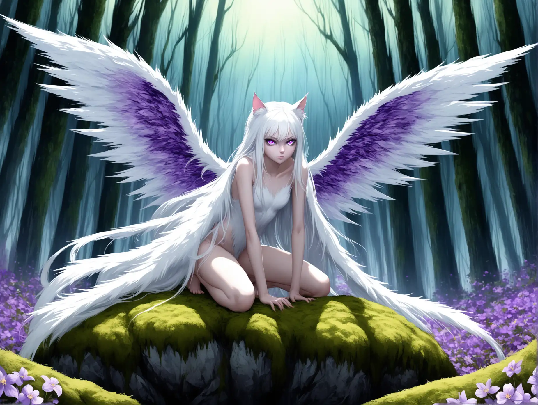 WildAI-Image-Prompt-Expansion-Woman-with-Feathery-Wings-and-Violet-Eyes-in-Forest