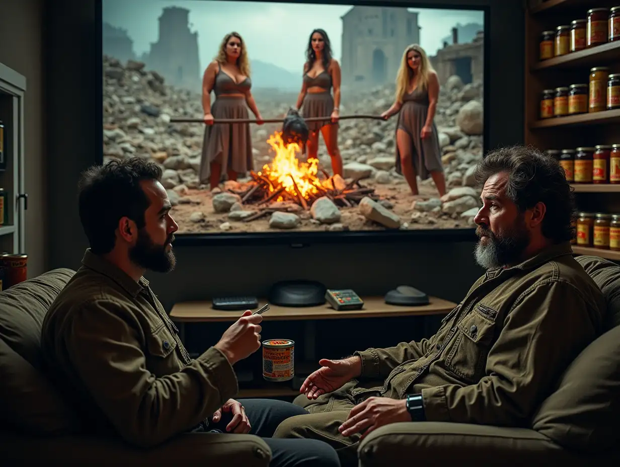 picture divided into two horizontal parts. At the top, on the ground among ruins, a group of three glamorous women in rags, roasting a rat on a spit over a fire. Below, from the bunker, a bearded man in camouflage sits on a couch, watching this scene with interest on the monitor screen, eating stew from a can with a spoon. Along the wall shelves with rows of cans of preserves.