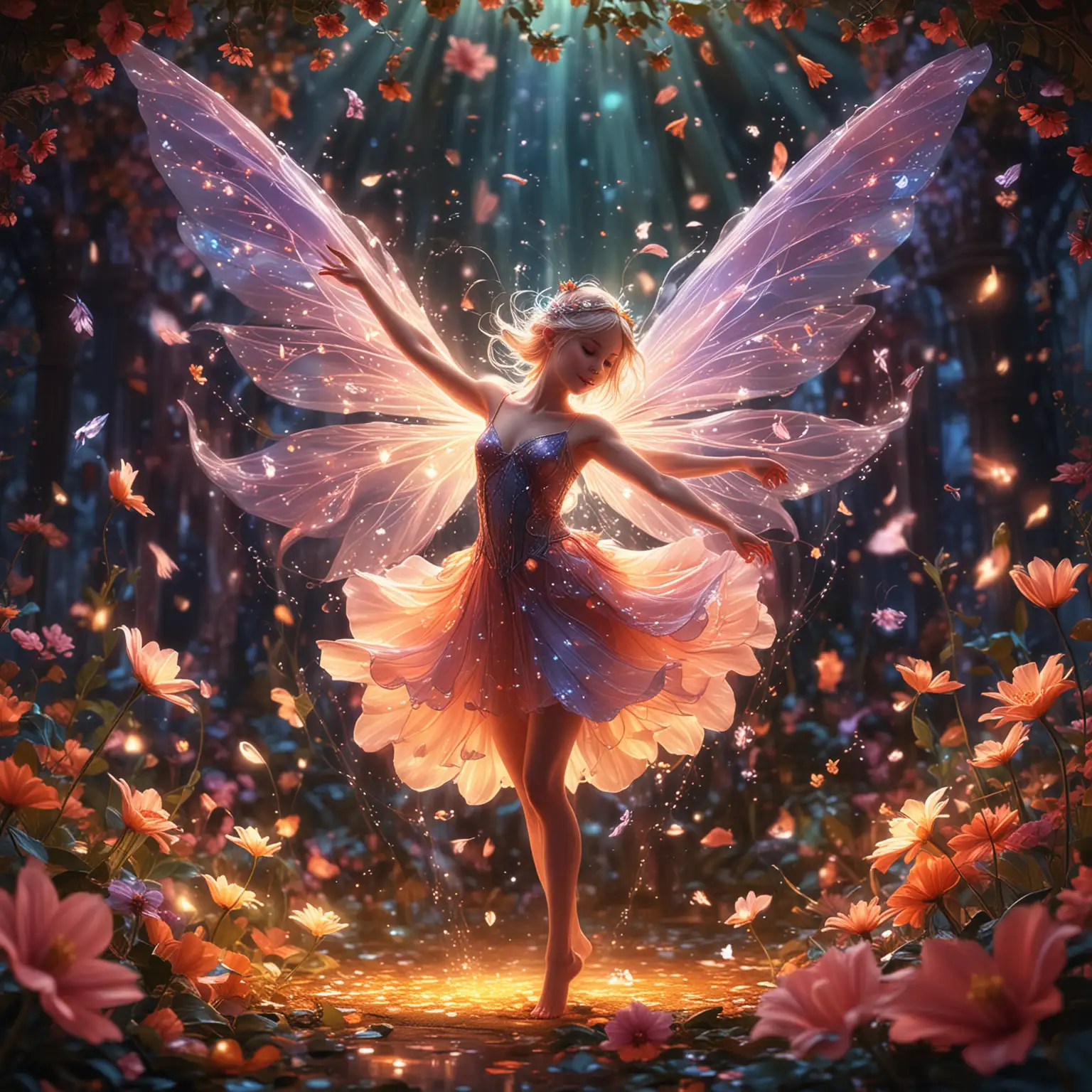 /imagine prompt: A digital illustration of a little fairy dancing inside a large flower, fairy wearing a glowing dress, delicate wings, mid-dance pose, surrounded by petals. Vibrant colors, gentle lighting, whimsical atmosphere. Created Using: high-resolution, intricate details, soft lighting, magical