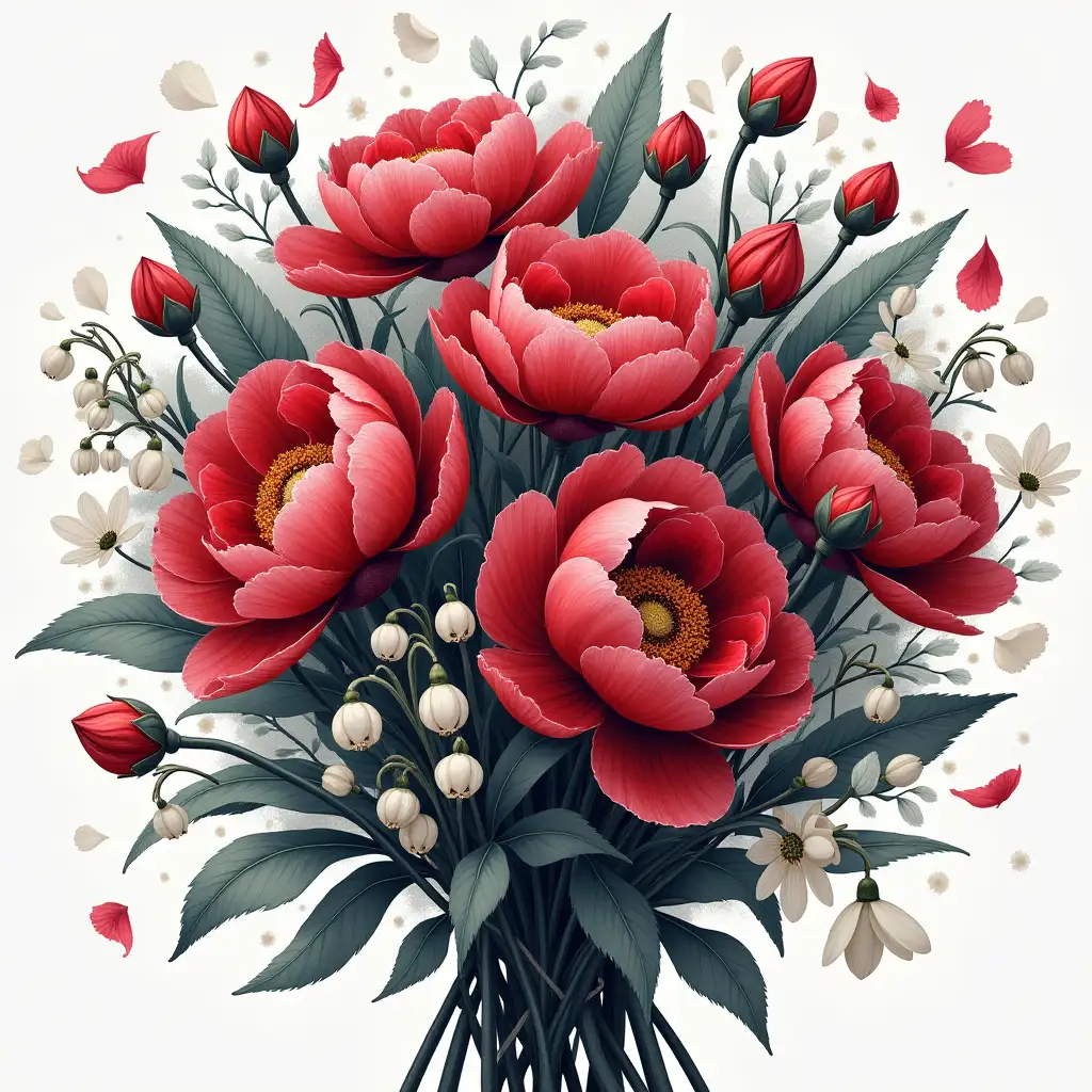 A captivating and complex illustration of a bouquet of crimson-pink peonies, petals open to reveal unblown buds, leaves intertwined with white snowdrops. Around the bouquet, petals of flowers fly in the air, small buds depicted with remarkable detail, some of which are flying, while others sit gracefully. The harmonious combination of red, black and gray tones creates a striking contrast, emphasizing the interplay between the strength of the woman and the delicate beauty of the surrounding nature.