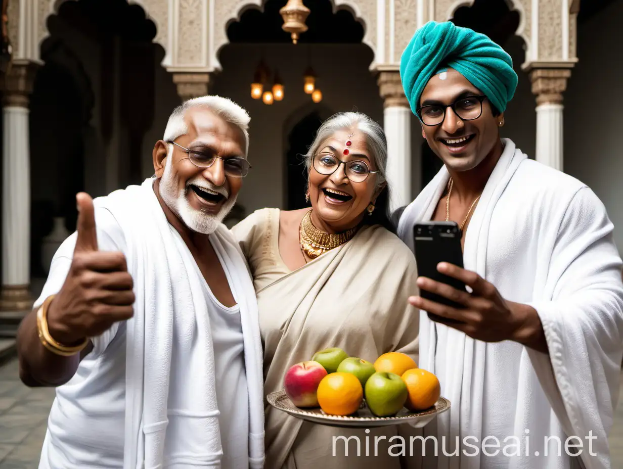 Healthy Indian Man and Elegant Woman in Palace Courtyard with Dog and Tea Setup