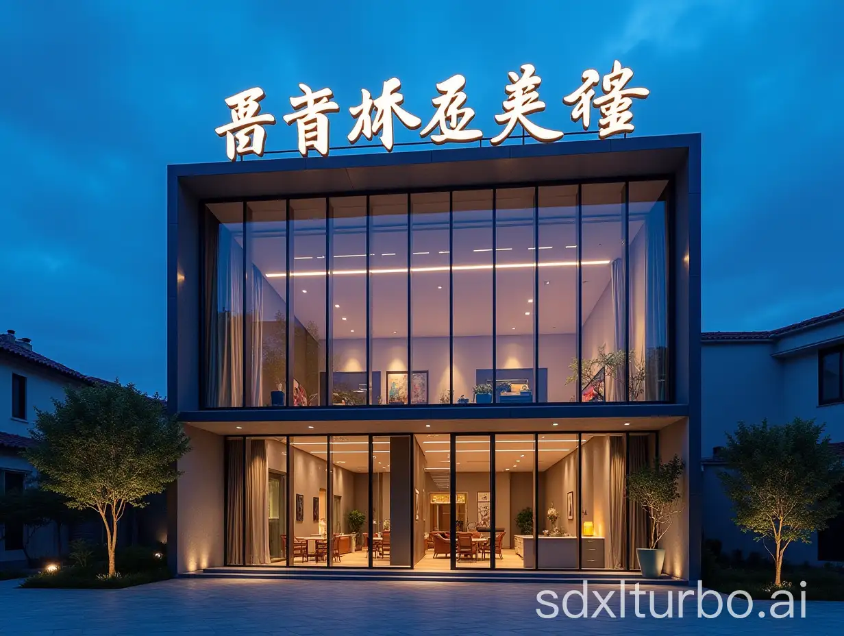 Modern-TwoStory-Building-with-Glass-Curtain-Walls-and-Shining-Chinese-Characters