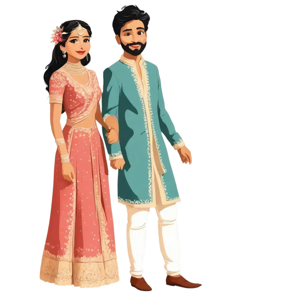 Indian-Wedding-Couple-Illustration-Holding-Hands-HighQuality-PNG-for-Elegant-Designs