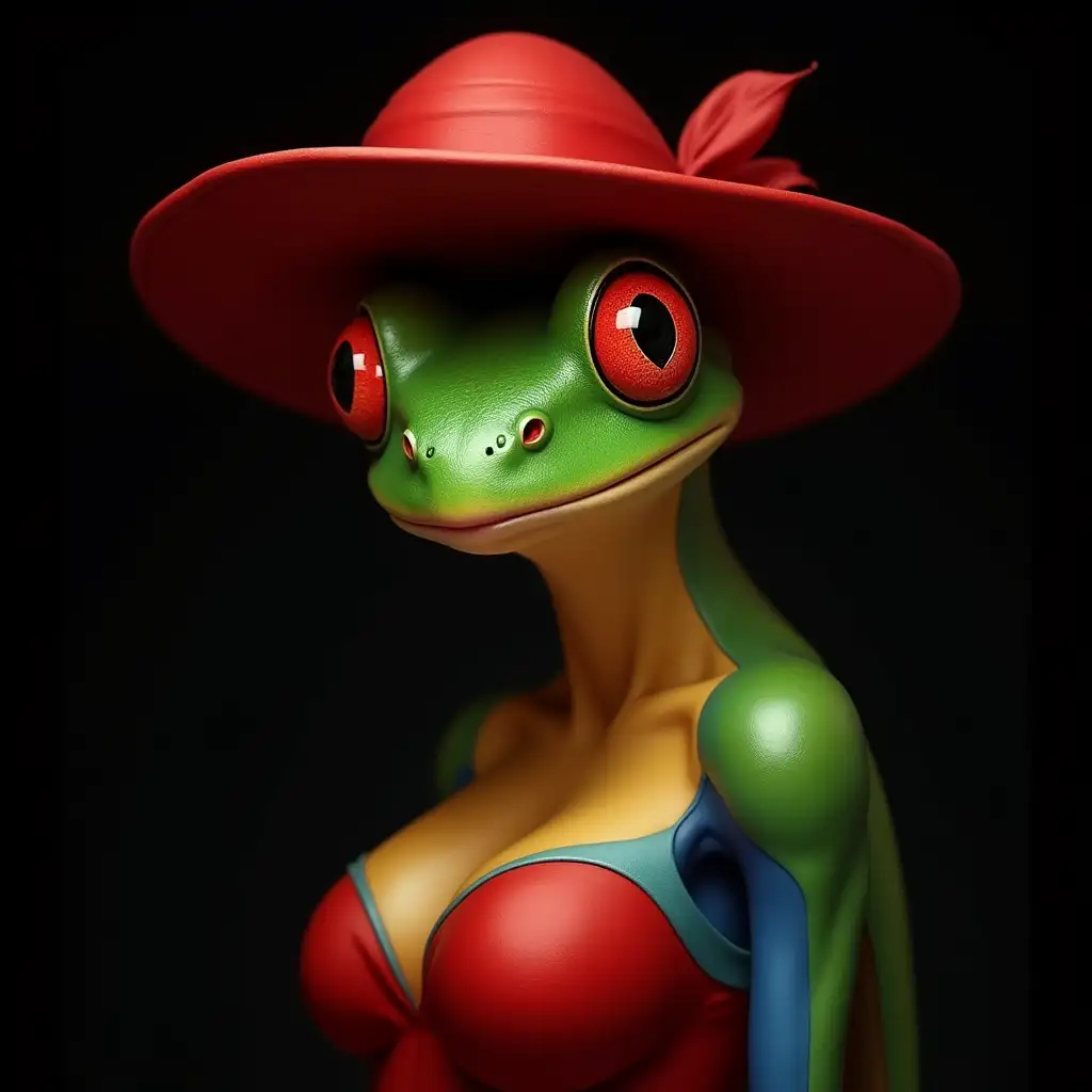 Hyperrealistic portrait of a frog woman with a red hat, detailed and colorful with a black background