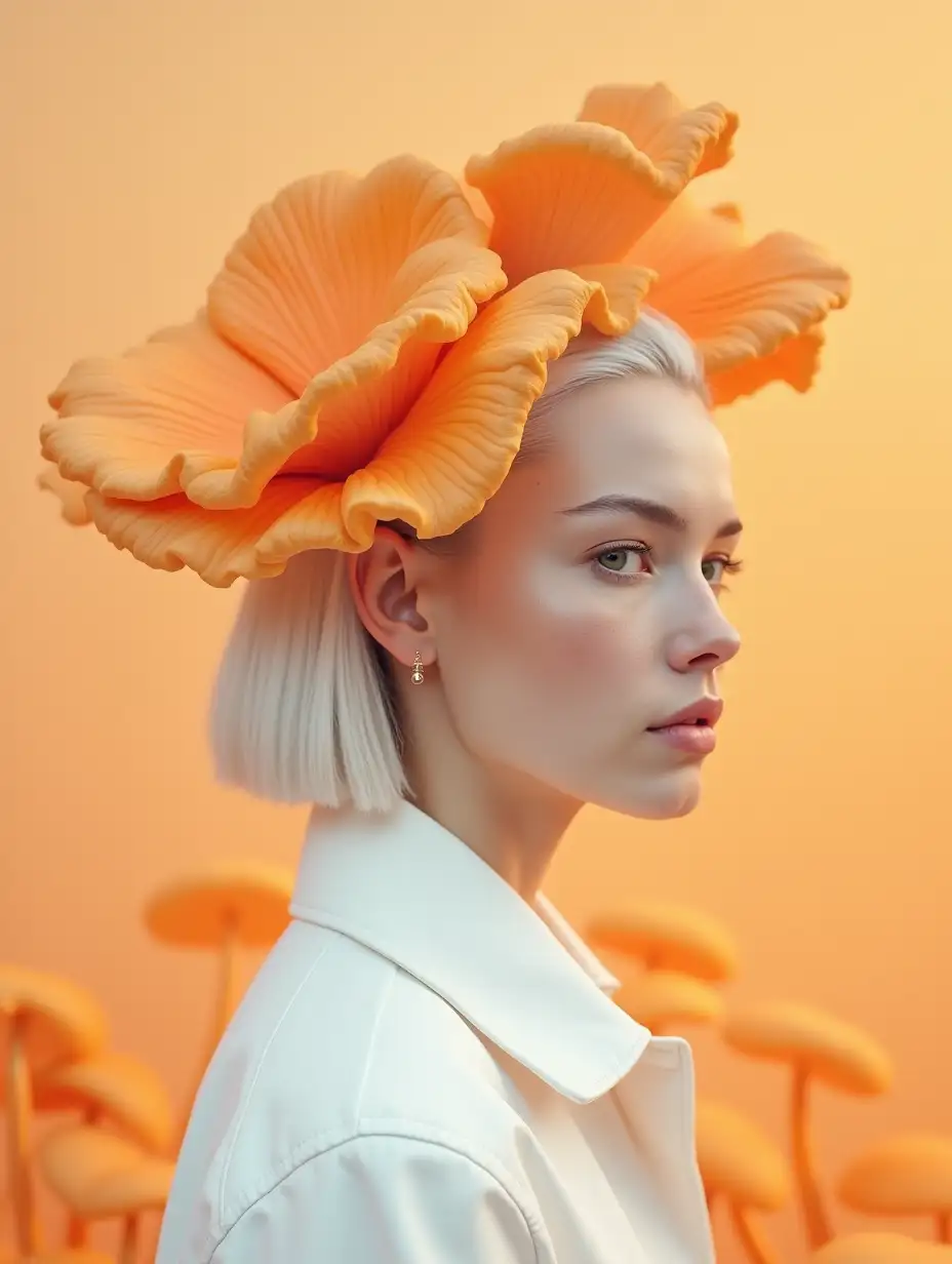 A hyper-realistic profile portrait of a woman in her 30s, with unique face appearance and soft freckles scattered across her pale, smooth skin and sleek, platinum-white hair styled neatly. Looking directly to the camera. She is adorned with a captivating headpiece resembling oversized, delicate orange oyster mushroom petals, their intricate folds and organic textures creating an ethereal, sculptural quality. Wearing a white street-style jacket. Her expression is calm and poised, exuding understated elegance. The makeup is minimal, accentuating her natural beauty with a subtle focus on her softly freckled face. The background is a soft pastel orange gradient, seamlessly transitioning into a dreamy setting surrounded by many similar orange oyster mushrooms, creating harmony between the subject and her surroundings. Diffused, high-end editorial lighting enhances the delicate details of the headpiece and the serene, artistic composition, evoking sophistication and modern fashion artistry. Some spice of a futuristic vibe.