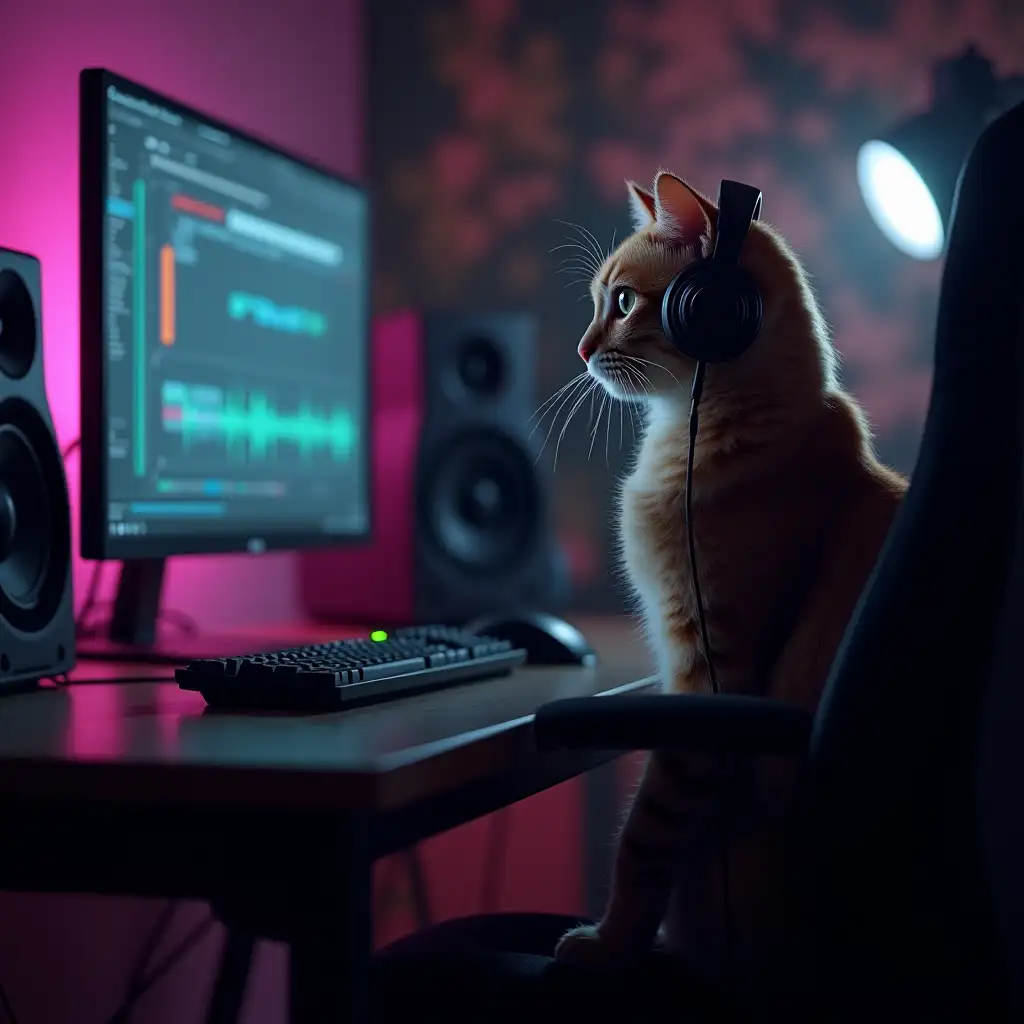 Realistic-Cat-with-Headphones-Sitting-in-Front-of-FL-Studio-on-a-Computer-Monitor