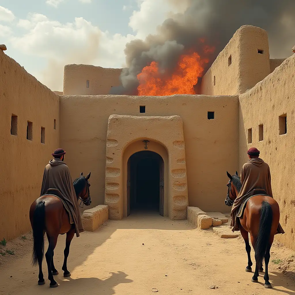 The image of a Yazdi adobe house from the time of the Arab rule, which caught fire in the house, and two Rana men were found on horseback, looking at the door, but their faces are not known.