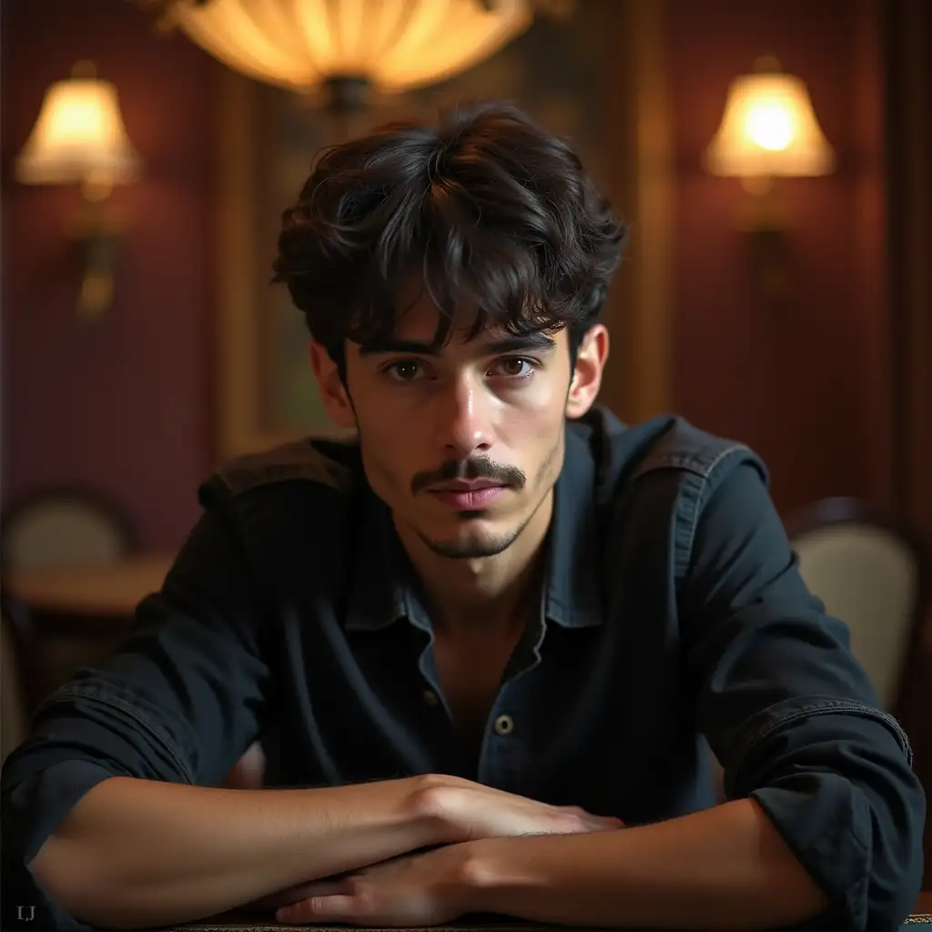 A young adult man with dark hair and a thin mustache, looking directly at me with a serious expression, is sitting on a chair in front of a table. The background is a lush game room