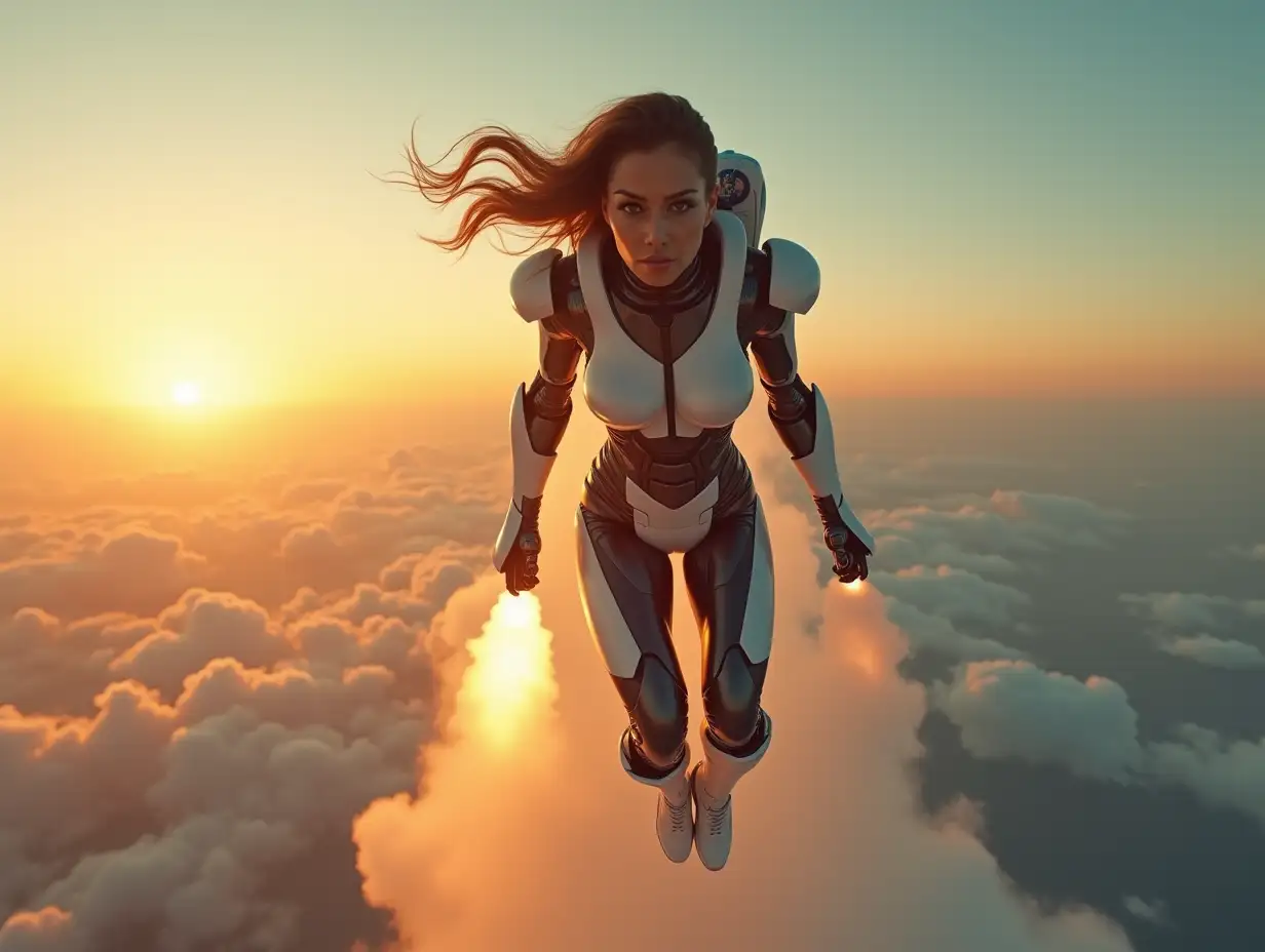 half woman, half robot cyborg. flying in the sky,  jetpack on back, pointing down, spewing flame and smoke downwards, leaving a trail of smoke. woman has fierce look. full body is visible. sun is setting, illuminating the clouds. photo is taken front-on, using a wide angle lens, creating some distortion