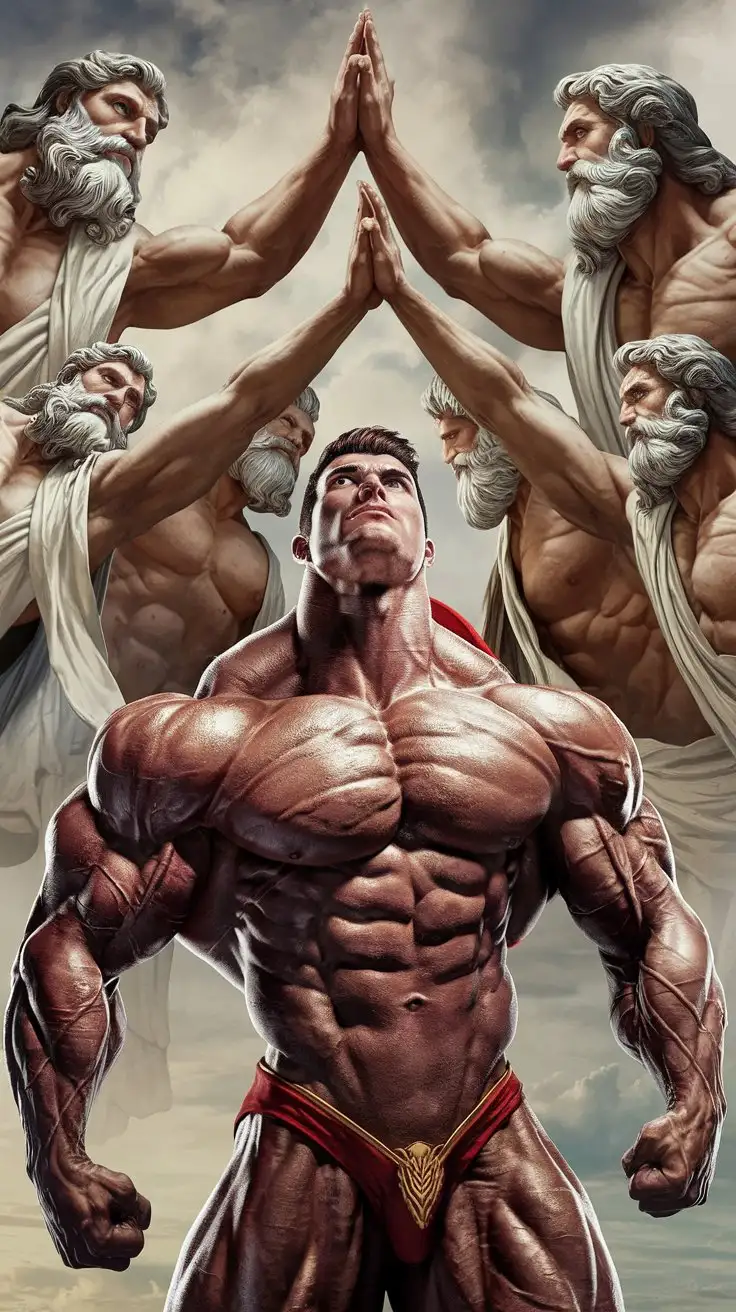 Powerfully muscled, hugely ripped, pumped, bodybuilder musclegod superhero reverently receives the blessing of the Olympians. 24 years old. Photorealistic.