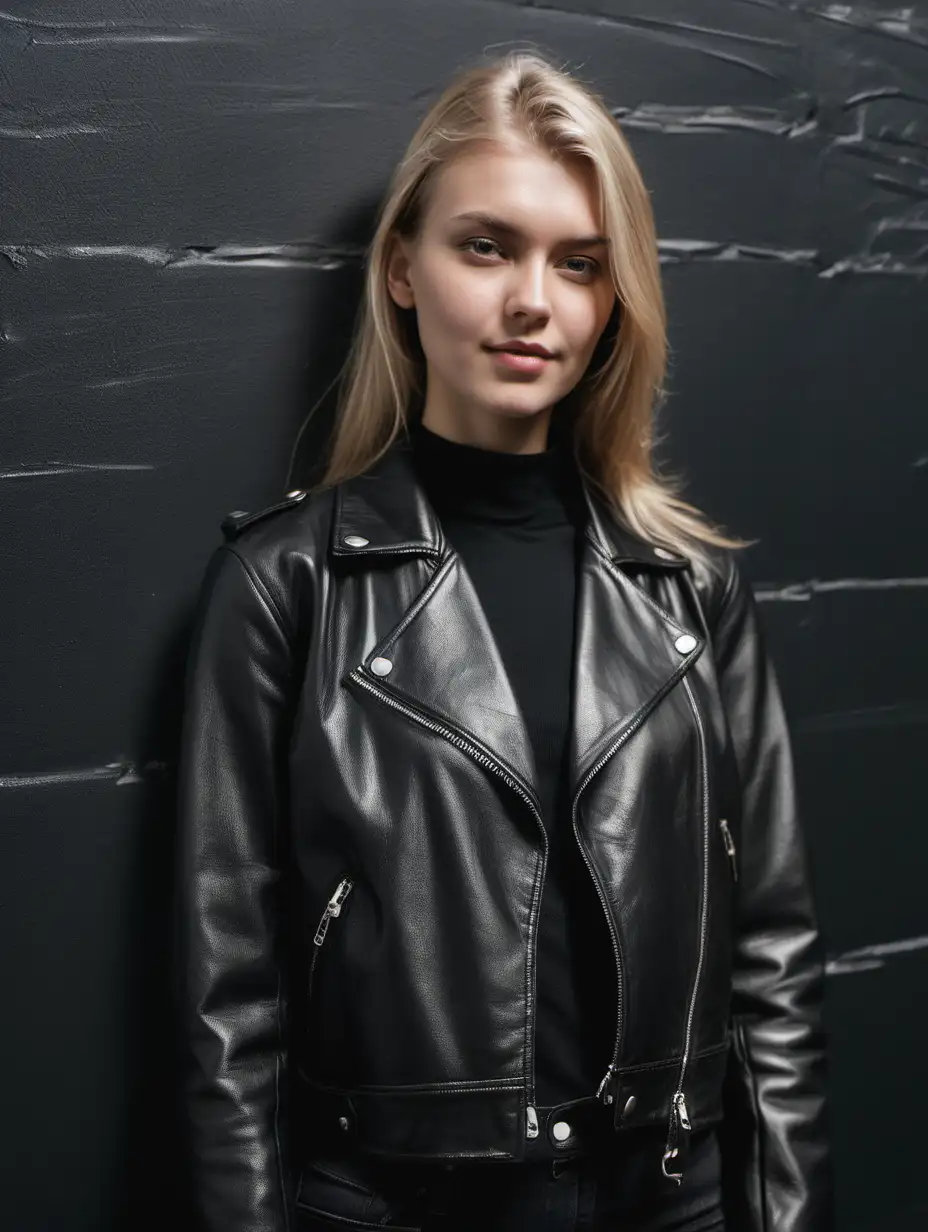 tall blonde girl wearing leather jacket standing in front of black wall, close up, wear sports