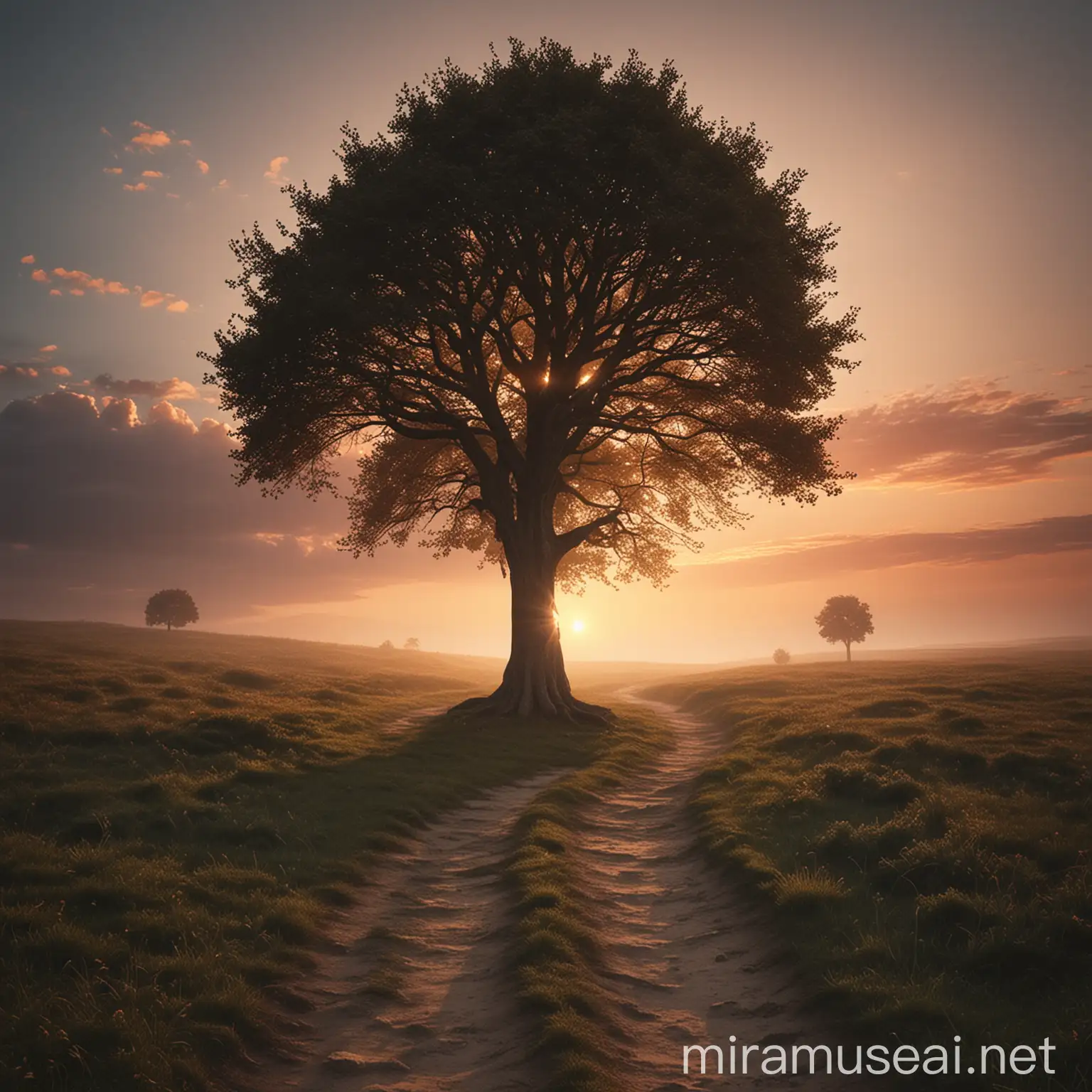 Sunrise Scene with Tree and Pathway