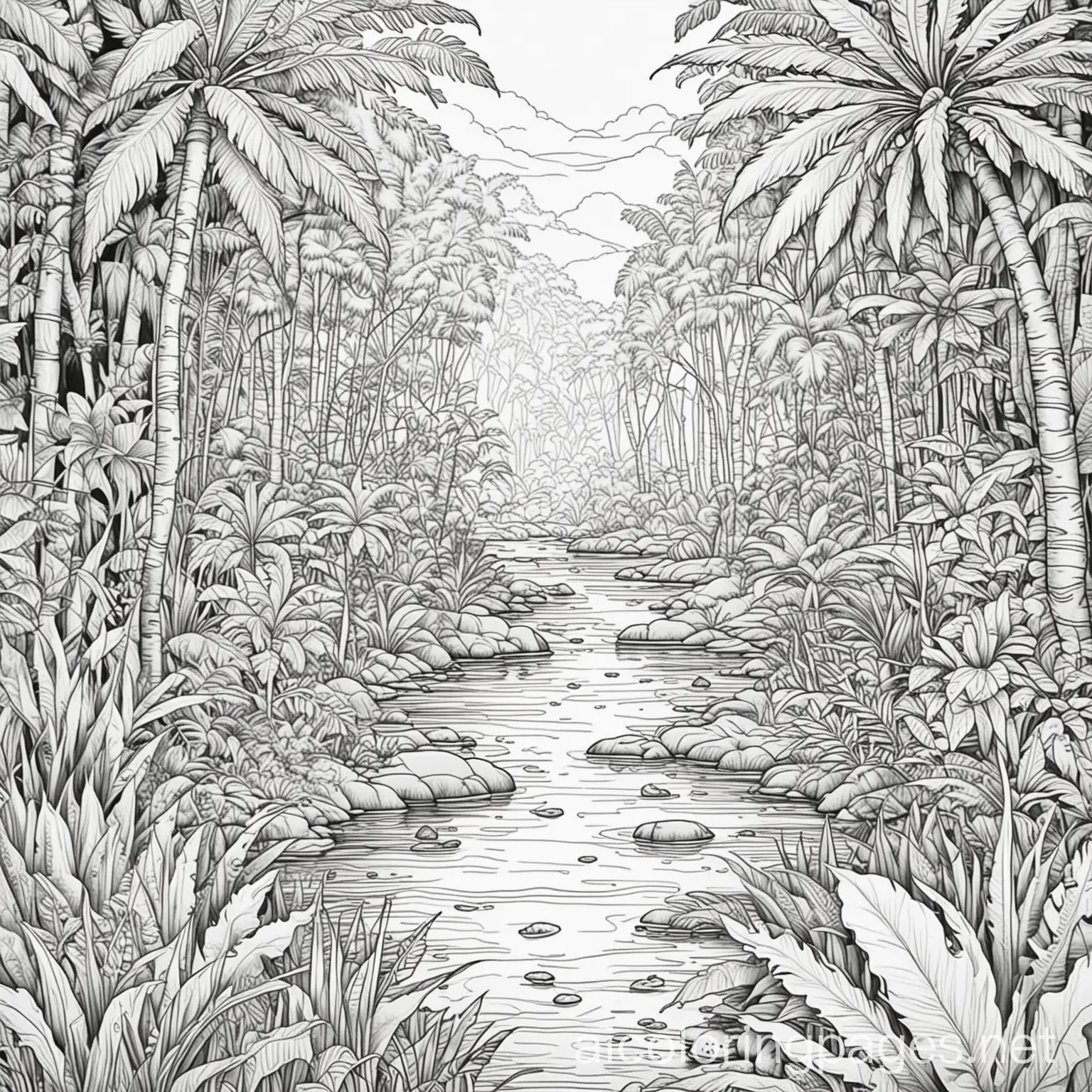 Jungle, water, gold, Coloring Page, black and white, line art, white background, Simplicity, Ample White Space. The background of the coloring page is plain white to make it easy for young children to color within the lines. The outlines of all the subjects are easy to distinguish, making it simple for kids to color without too much difficulty
