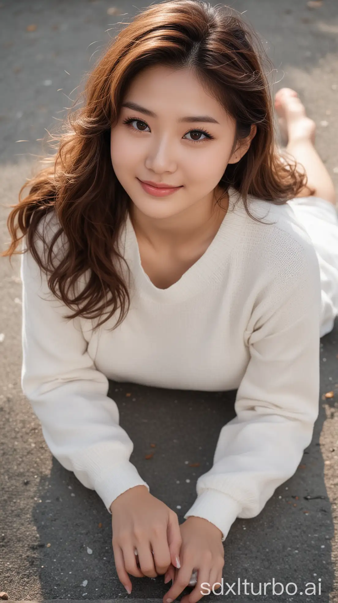 Beautiful-Chinese-Woman-Lying-on-School-Playground-in-White-Sweater-and-Long-Skirt