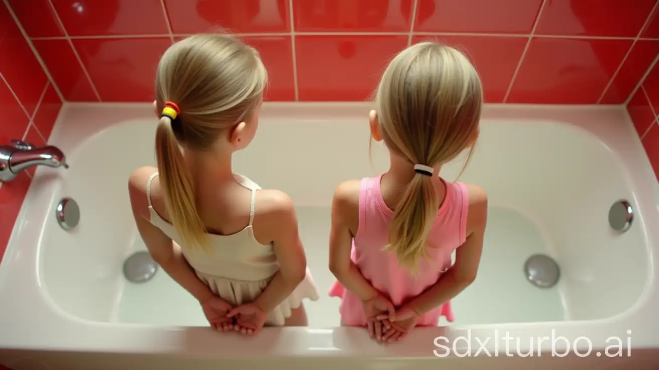 Blond-Little-Girls-in-Preschool-Bathroom-Standing-in-Bathtub-Holding-Hands