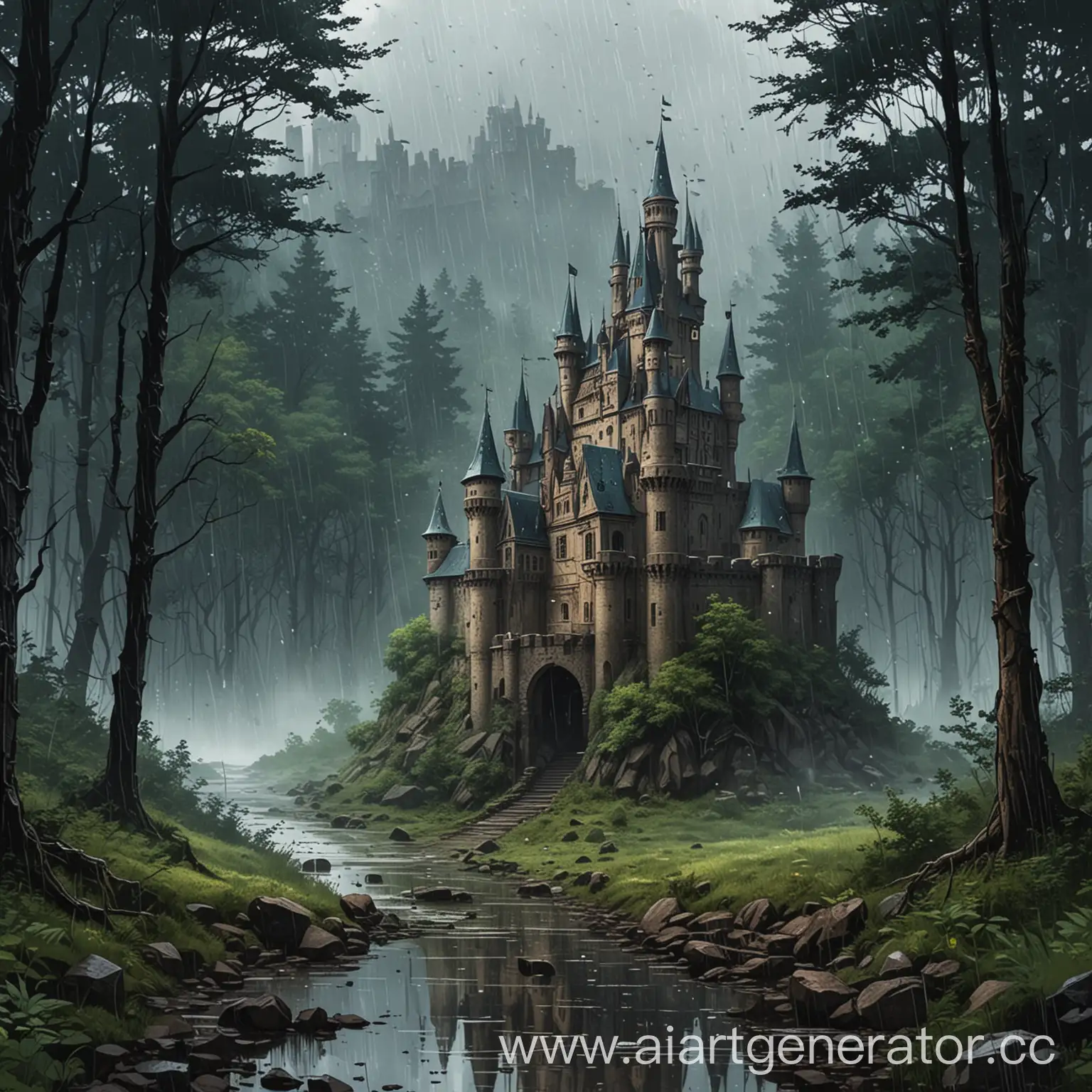 Castle-in-Forest-Rain-Lyrical-Comic-Style-Background