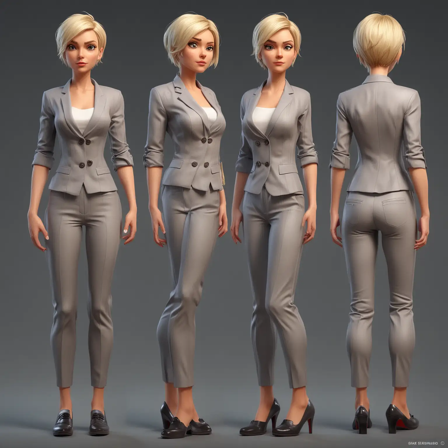 woman in 3D modern cartoon style, game character sheet reference, light blond with very short haircut, mocking look, different poses set, grey pantsuit, dark shoes, arms crossed on the chest, full-body shot, two different poses, full body, 2 poses, maximum detail, best quality, HD, gorgeous light and shadow, detailed design, 3D quality