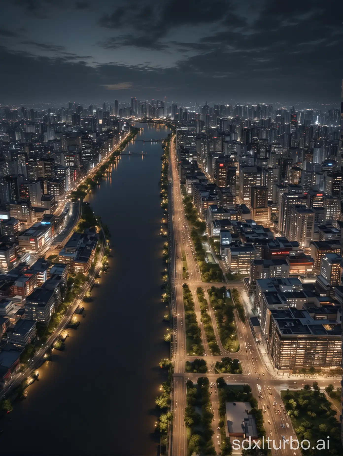 an asian style city on the river bank, along with wide 4 lane road between society and river, night view ultra realistic 8k with some 4 story commercial buildings in middle and modern housing block and parks in left and right side, wide angle drone shot left and right