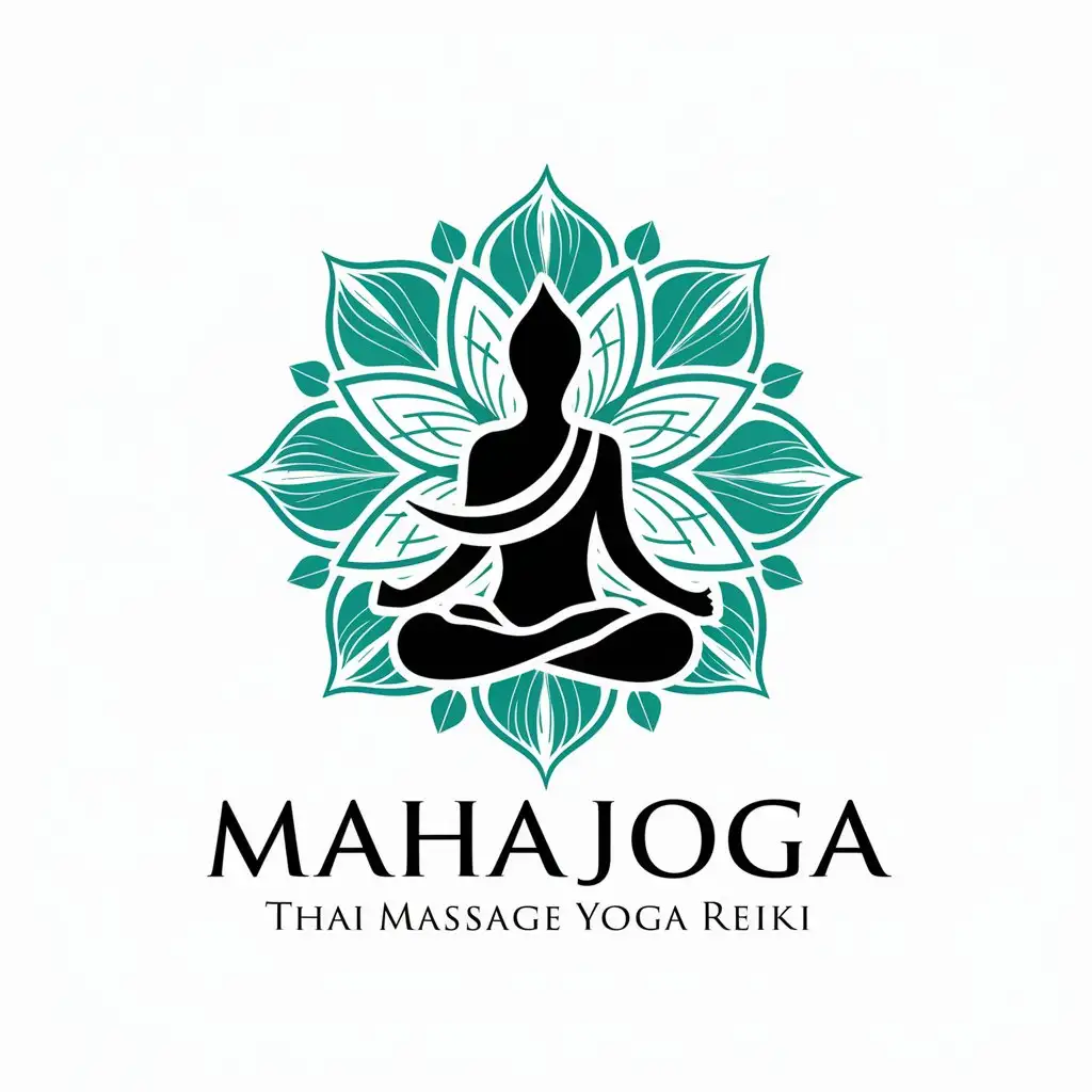 a vector logo design,with the text "Mahajoga", main symbol:Thai massage yoga reiki,complex,be used in Religious industry,clear background