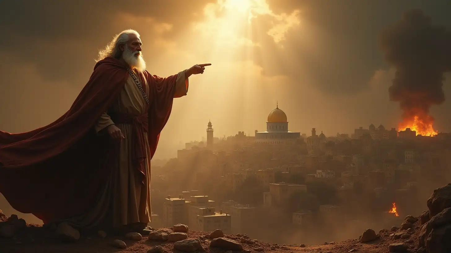 Old Prophet Figure Pointing in a Dramatic Cityscape of Destruction