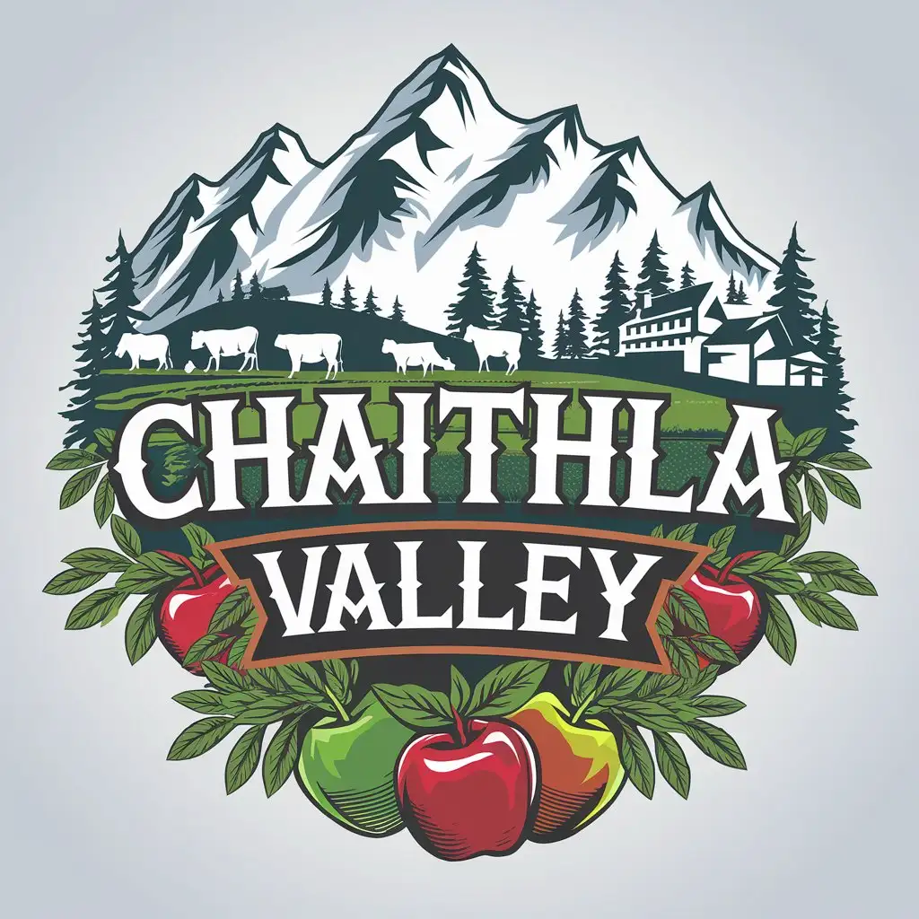 LOGO Design for Chaithla Valley SnowCapped Mountains Cows Pine Trees Apples and House Complex