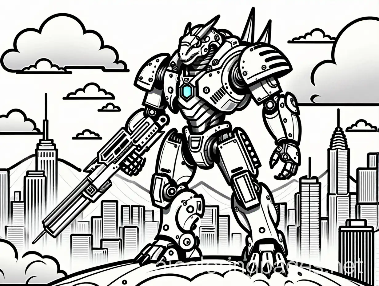 Giant-Armed-Dino-Robot-Ready-for-Battle-in-a-Futuristic-City