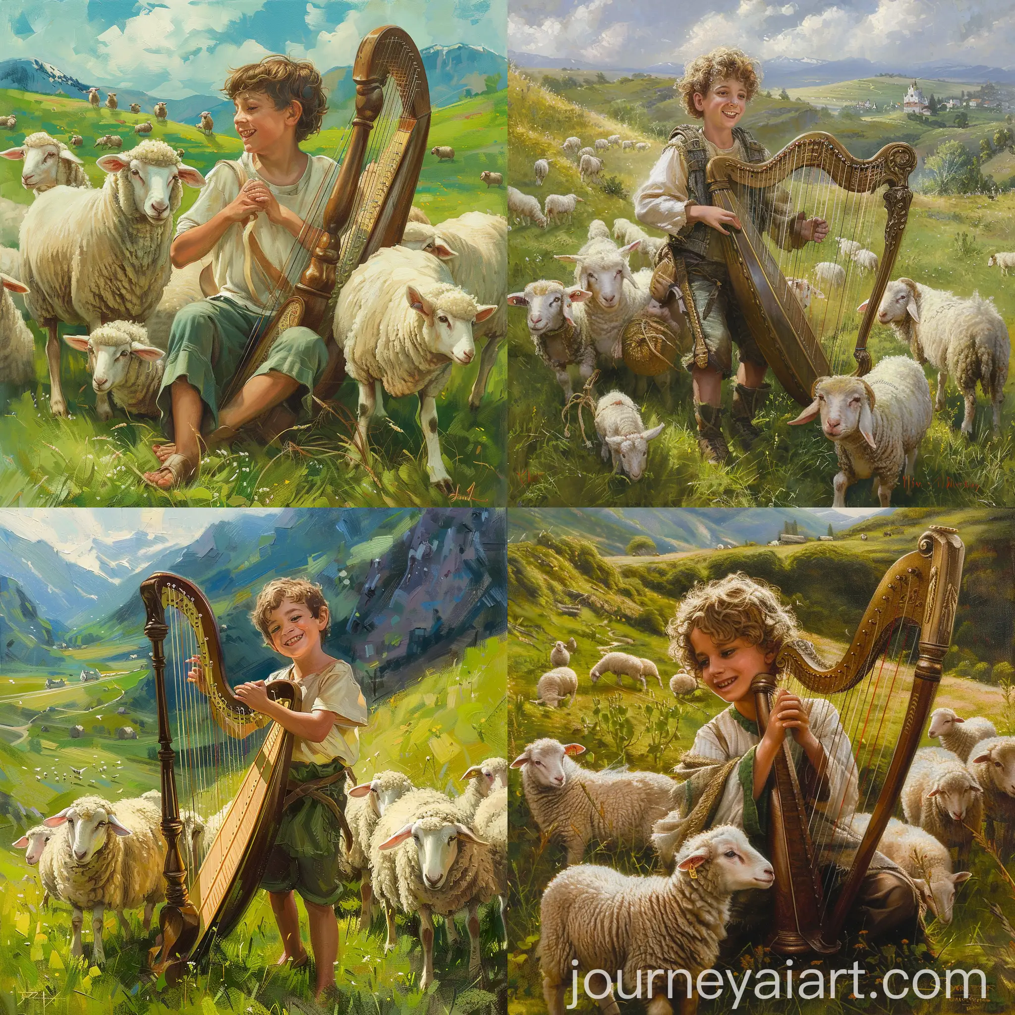 Young-Boy-Playing-Harp-While-Herding-Sheep-in-Green-Field