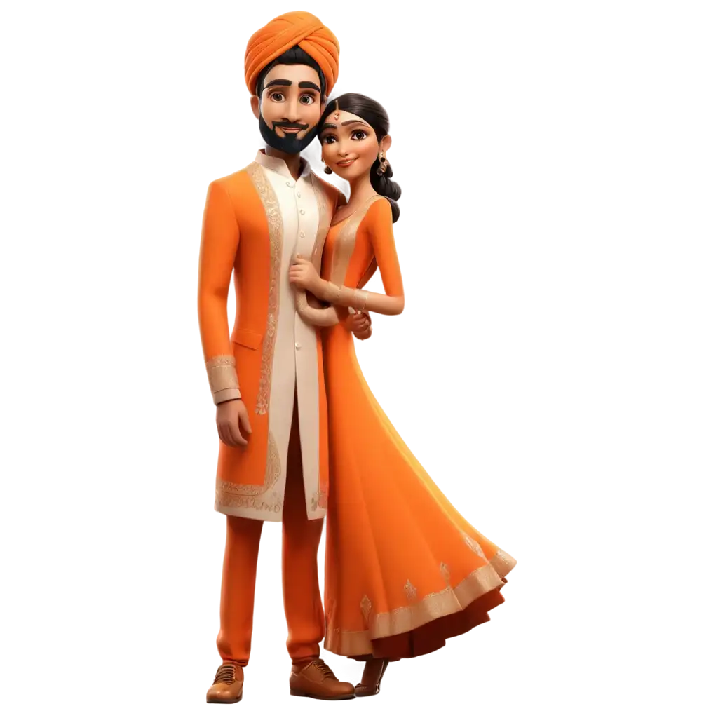 3D-Cartoon-Indian-Wedding-Groom-and-Bride-in-Orange-Outfit-PNG-Image