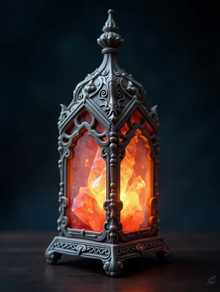 Design a fantasy-inspired glowing crystal in  a  lantern shape. The crystal has a natural, organic swirling colors and a warm, soft glow. Imagine intricate carvings and delicate details that catch the light, casting enchanting shadows, uhd, 128k