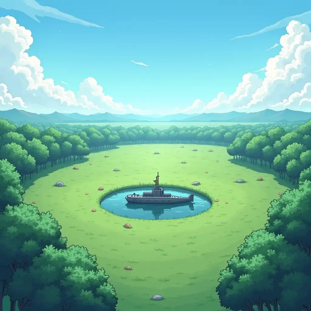 Create an extended and wide plain surrounded by tree with a round submarine in the middle of this plain in a manga style