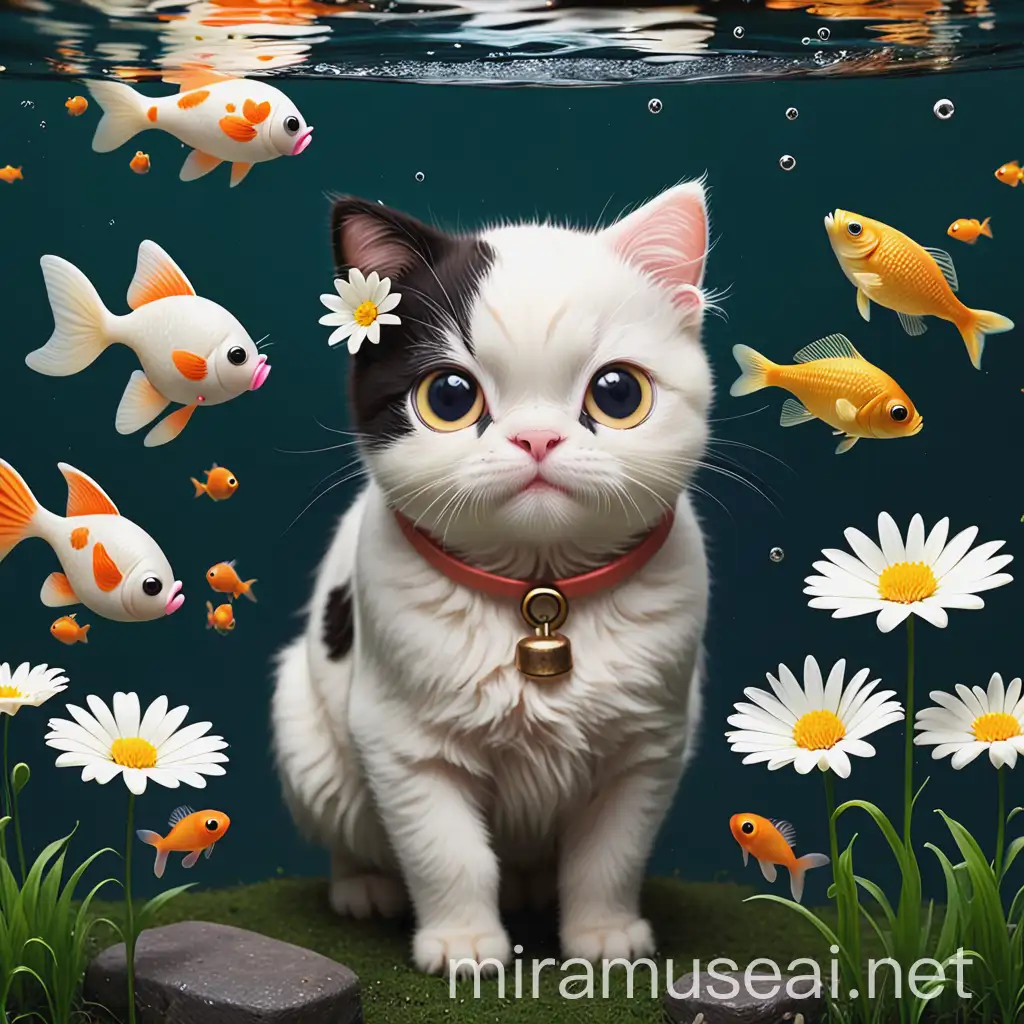 Animals in Garden with Flowers and Fish