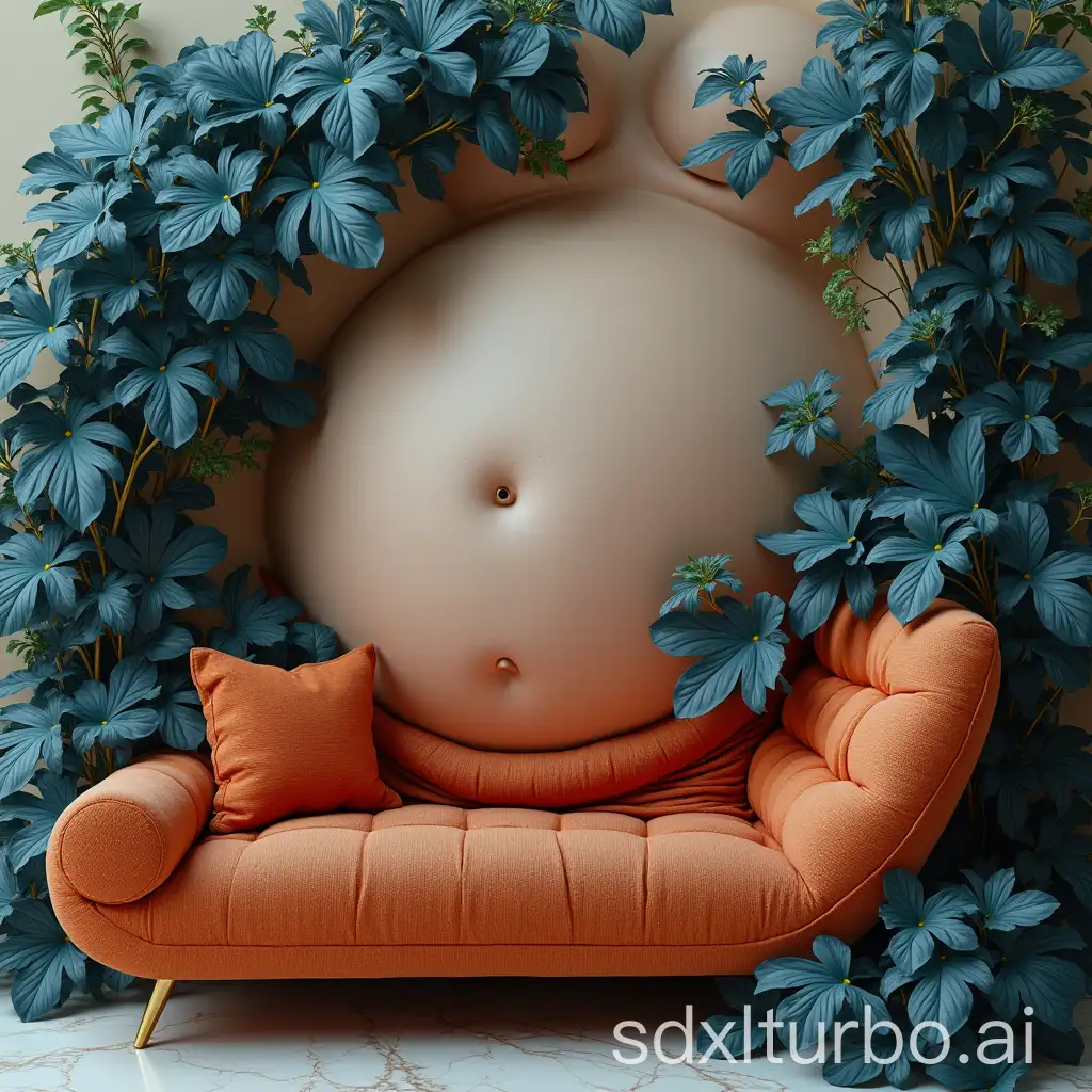 detailed view of a woman belly, coloured sofa, blue tropical plants growing on the marble