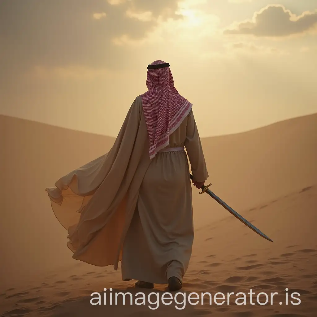 Saudi-Man-in-Traditional-Thobe-and-Shemagh-Holding-Sword-in-Mythical-Scene