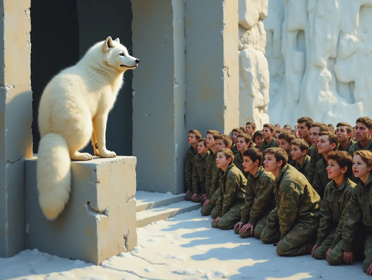 Temple. To the left on the pedestal stands a plump white polar fox, to the right a crowd of people of different ages in camouflage are kneeling on both knees before the plump white polar fox. Oil painting.