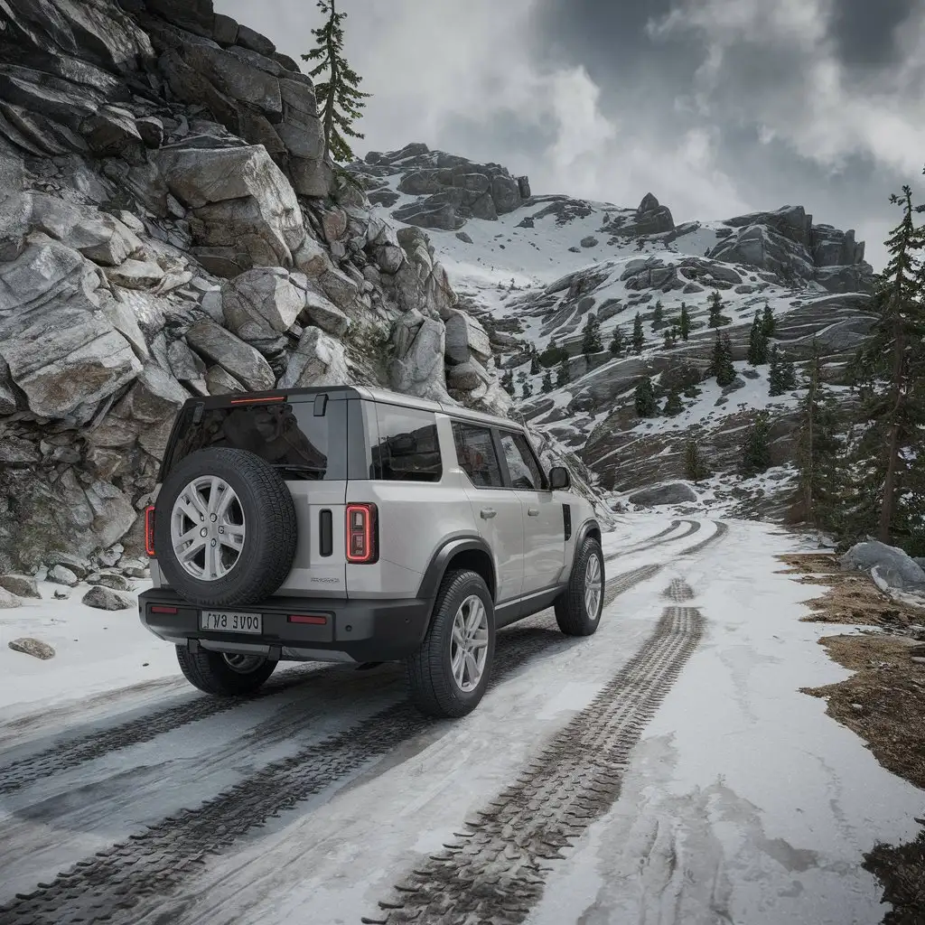 SUV-Driving-on-Snowy-Mountain-Road-with-Spare-Tire-on-Trunk