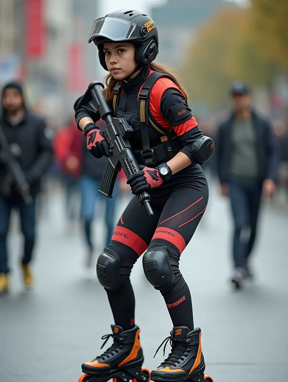 a 17 year old airsoft geared woman at a distance, she is skating on a street, holding a weapon, ordinary people in background, clothes have racing colors, she is wearing lots of functional sportswear, cycling gloves, airsoft helmet with transparent visor over eyes, smartwatch, thick plastic knee pads, modern inline skates with complete organized wheels