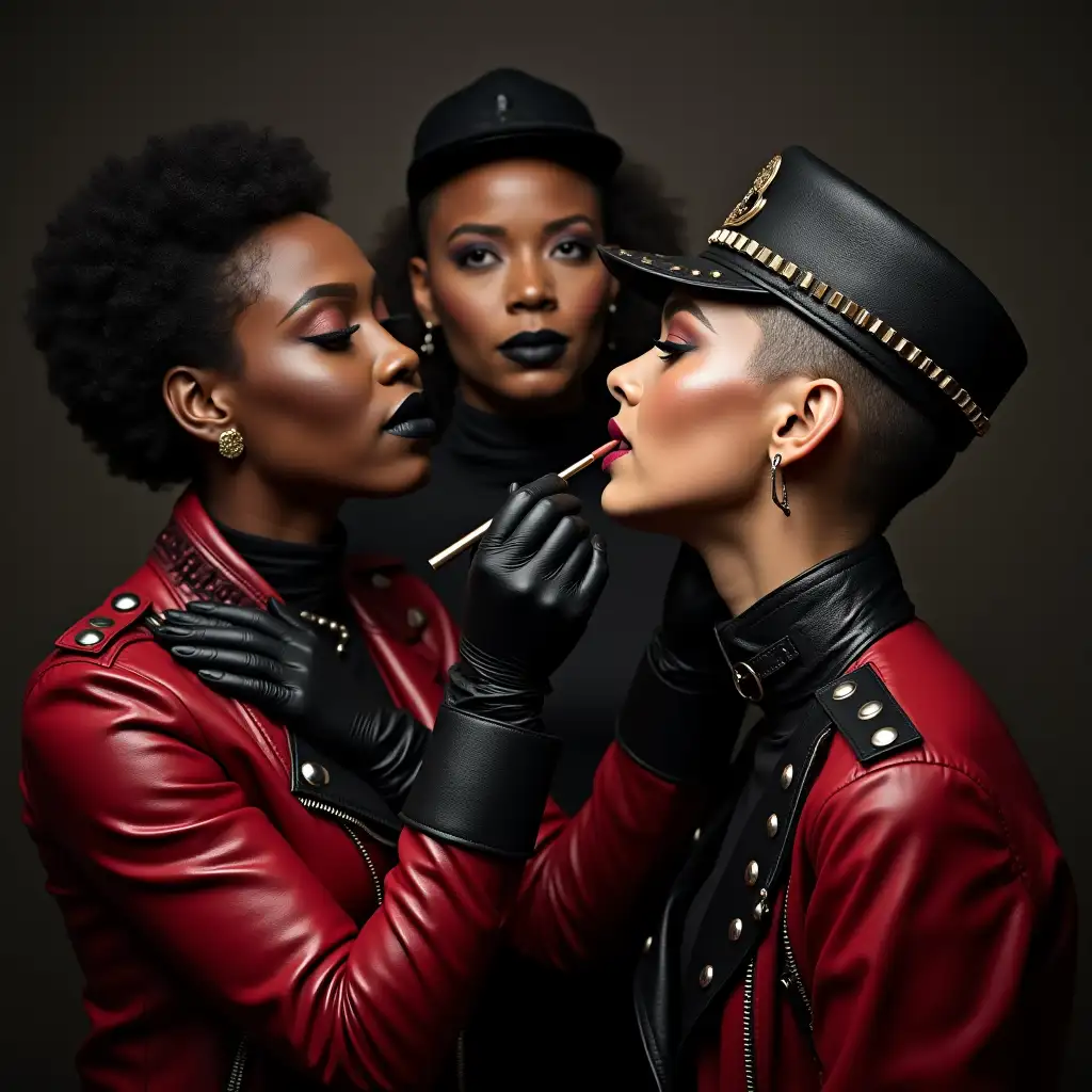 Three-Black-Female-Makeup-Artists-Applying-Lipstick-to-Cynthia-Erivo-with-Bold-Leather-Fashion