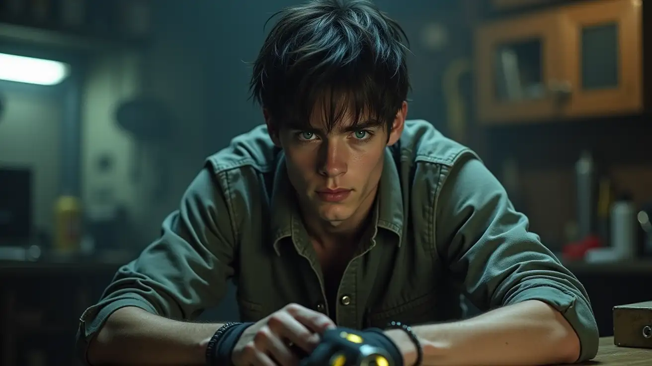 Depict a younger Wilhelm, a wiry and awkward young man of Germanic descent, in a gritty, sci-fi industrial workshop that reflects his brilliance and isolation. His pale complexion, sharp cheekbones, and angular jawline suggest his heritage, while his piercing blue-gray eyes burn with intensity and ambition. His slightly messy dark hair, parted neatly despite his disheveled surroundings, falls across his forehead as he works intently at a cluttered, futuristic workbench....