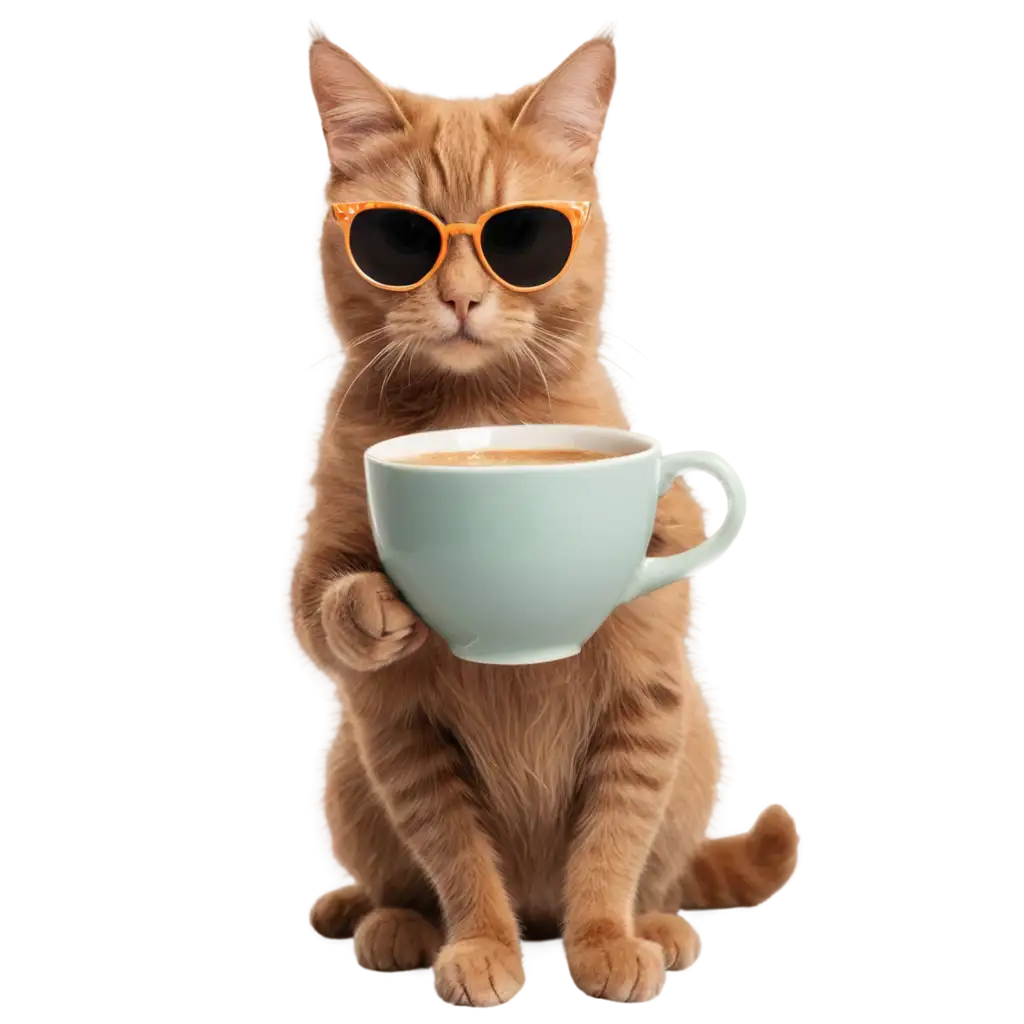 a cat wearing sunglass,sipping coffee from a mug