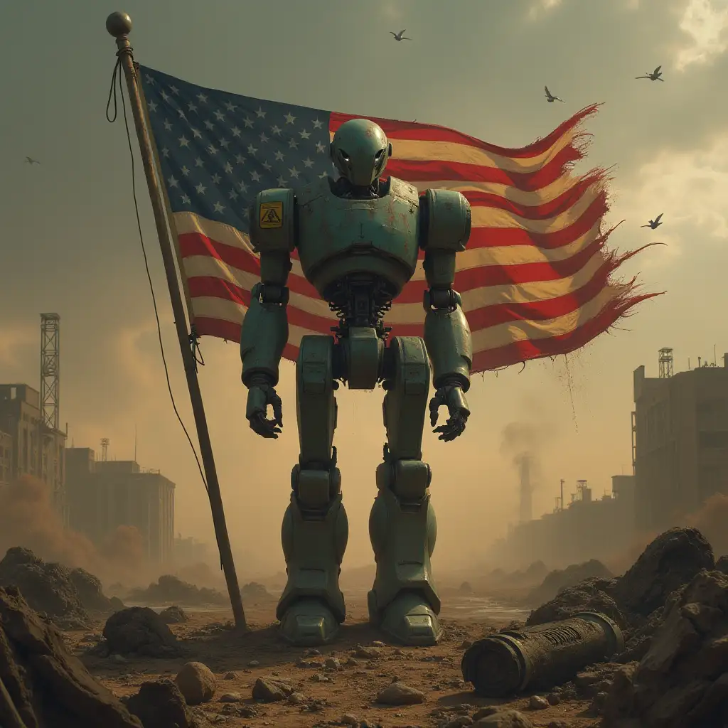 Robot Holding American Flag in PostApocalyptic Wasteland