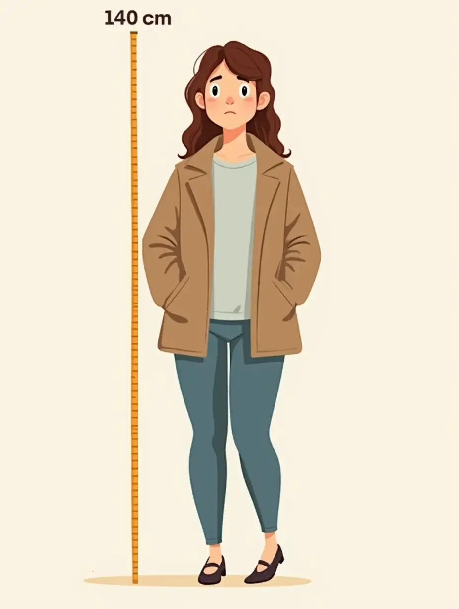 Illustration of a woman with a height of 140 cm measuring her body height, she is not confident and has a sad face due to oversized fashion making her look even shorter