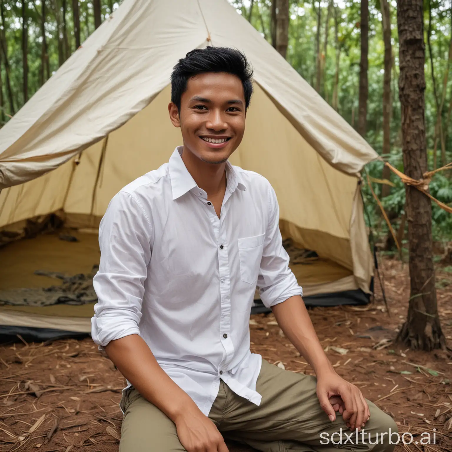 Indonesian man, black hair, tan skin, Chinese-Sundanese, proportional body and face, smiling to camera, wearing casual white shirt, sitting in a forest with a tent behind