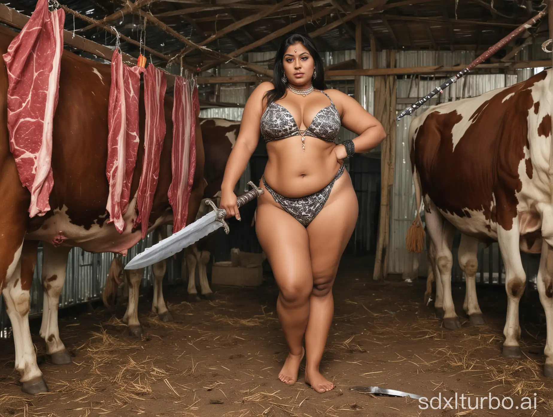 Strong-Indian-Woman-in-Bikini-Holding-Sword-at-Cold-Storage