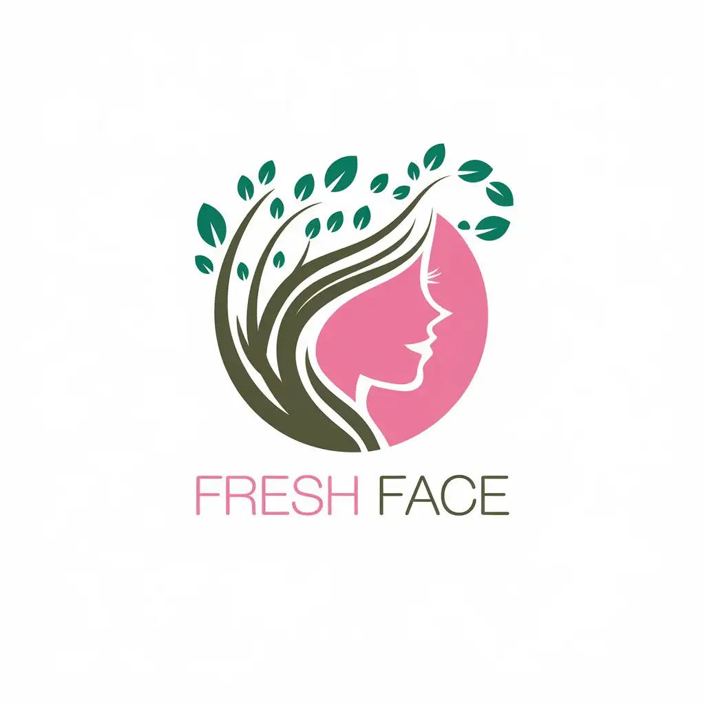 LOGO Design for Fresh Face Pink Womens Profile with Tree Branch Hair and Green Leaves