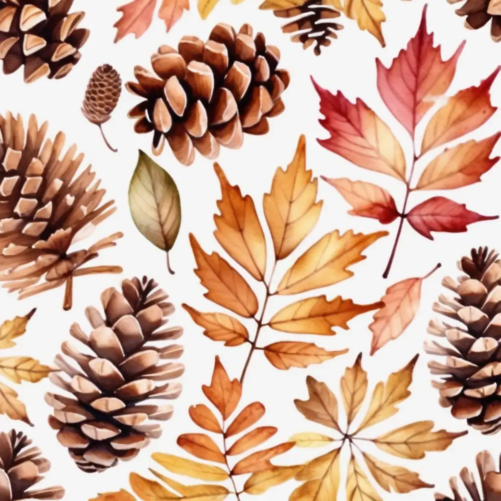 Elegant Watercolor Pattern of Autumn Leaves and Pine Cones