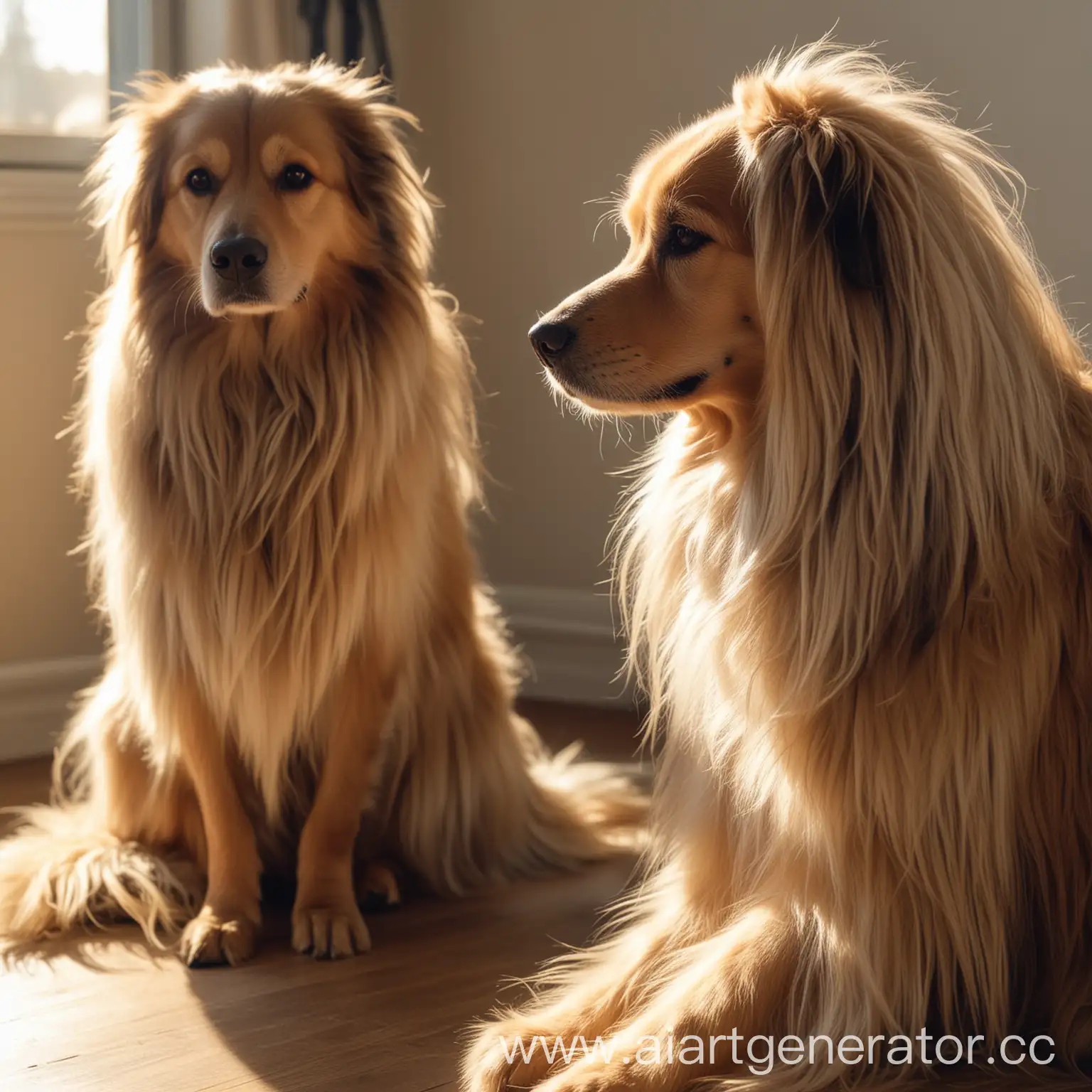 A dog with long, silky fur sitting next to its owner, both looking relaxed and ready for grooming. Sunlight gently illuminates the scene, creating a cozy atmosphere.