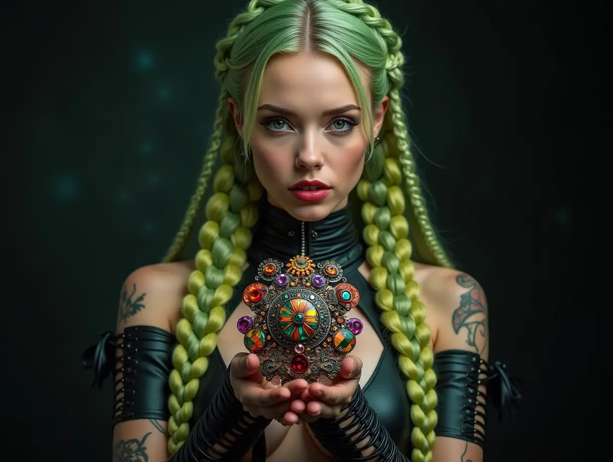 Depiction of a beautiful white woman with -tattoo, long mixed green-yellow braided hair in a futuristic style and laced boots, holding a complex, colorful and futuristic jewelry. Blurry black background (120mm) shot poster