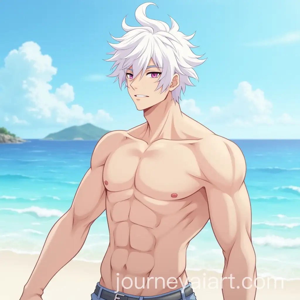 AI-Image-Prompt-ExpansionAnime-Male-with-White-Hair-and-Pink-Eyes-on-the-Beach-with-SixPack-Abs
