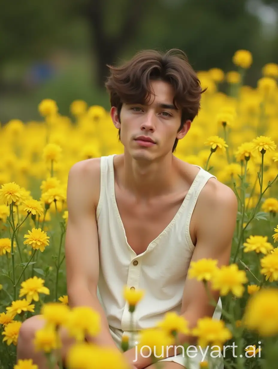 Young-Man-Sitting-in-a-Garden-of-Yellow-Flowers-in-White-Chemise